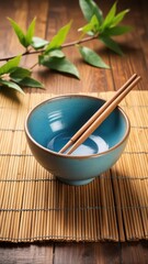 A serene empty blue ceramic bowl with chopsticks resting on a natural bamboo mat