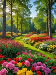 Obraz premium Colorful blooming flowers in a lush garden with tall trees and greenery all around