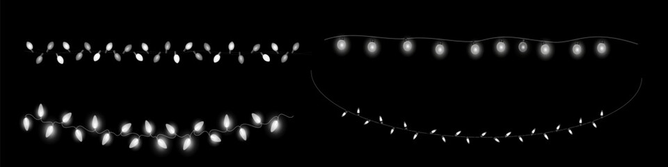 Christmas lights. Bright Xmas garland. Vector glow light bulbs on wire strings