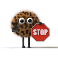 Fluffy, cute monster holding a stop sign, symbolizing caution or halting. 3D rendering, conceptual image. Isolated on white background.
