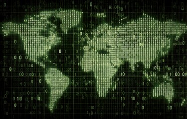 digital world map made of binary code and numbers, global network concept on digital screen background