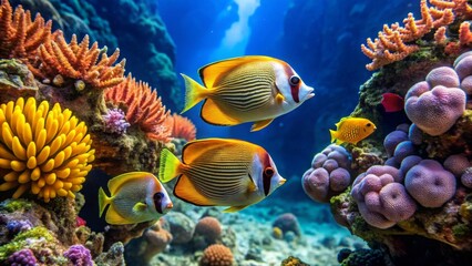 Naklejka premium Vibrant Reef Fish Swimming Amongst Colorful Coral and Anemones in a Thriving Underwater Ecosystem