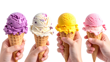 Four ice cream cones, held by hands, displaying diverse vibrant scoops against black