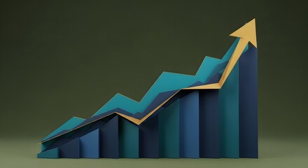 Stock market growth trend. 3D blue bar graph with upward golden arrow. Solid green background. Abstract representation of economic success, profit and data analysis. Financial chart.