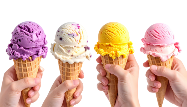 Four ice cream cones, held by hands, displaying diverse vibrant scoops against black
