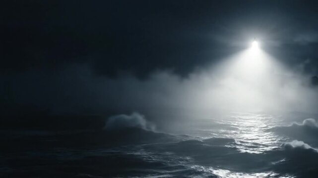 Lighthouse beacon illuminates foggy dark ocean with rough waves and moody atmosphere
