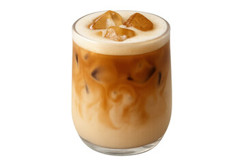 Iced coffee latte drink with creamy white foam and ice cubes, cold beverage refreshment, transparent background