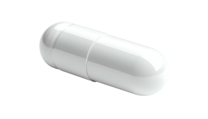 Close-up, high-gloss white capsule against a black background, softly lit