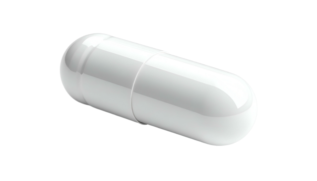 Close-up, high-gloss white capsule against a black background, softly lit