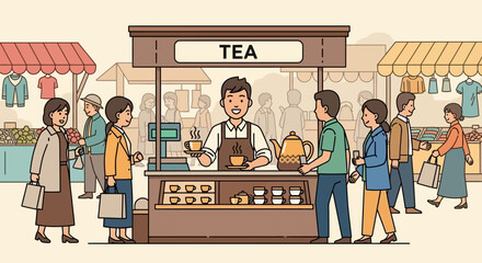 Bustling Outdoor Market Scene with a Dedicated Tea Stall and Customers.