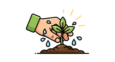 Cartoon hand planting green seedling in soil nurturing growth with water droplets.