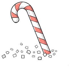 Red and white striped candy cane illustration standing in a pile of sugar cubes, sweet Christmas holiday season treat