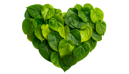 A heart shape made of fresh green leaves against a black background, emphasizing nature
