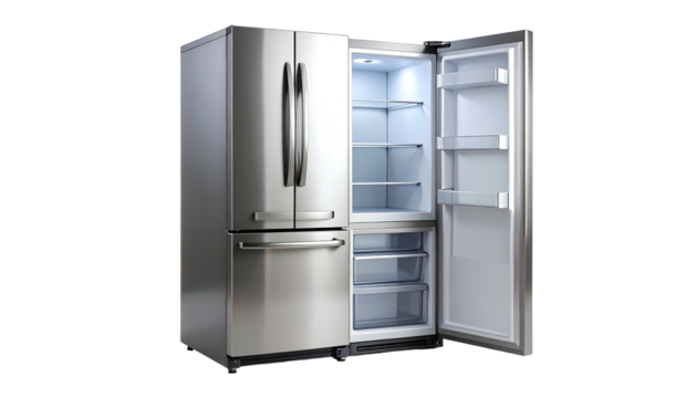 A stainless steel side-by-side refrigerator with one door ajar revealing the interior