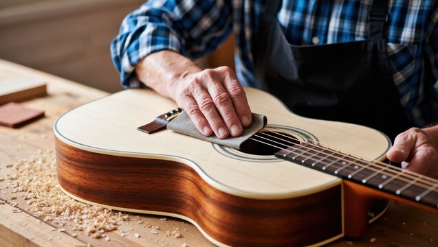 Close up of a luthier sanding a guitar body in his workshop, working on a musical instrument