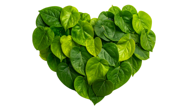 A heart shape made of fresh green leaves against a black background, emphasizing nature - Powered by Adobe