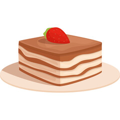 A Square Layered Chocolate Cake Topped With A Strawberry Slice And Served On A Light Brown Plate With A Transparent Background