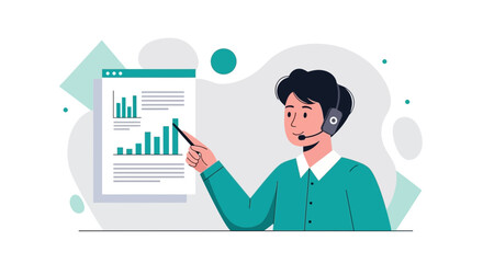 Illustration of a person with headset presenting financial data analysis in a meeting