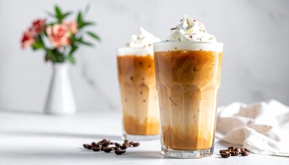Aesthetic close-up of a trendy iced latte served in a clear glass, filled with layers of milk, coffee, and fluffy whipped cream on top.