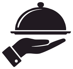 Obraz premium Black silhouette of a hand holding a covered dish representing food service and hospitality