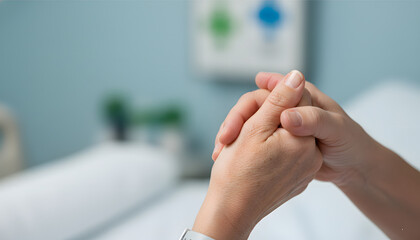 Close-up of a person's hands clasped together, conveying support, comfort, and empathy in a medical or caregiving setting