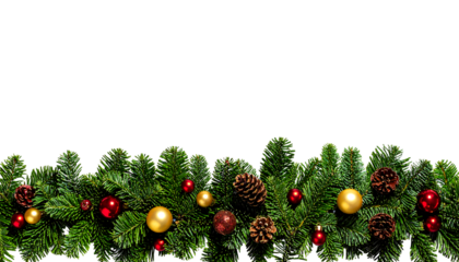 Christmas garland with pine cones and red and gold ornaments on green branches, isolated on white