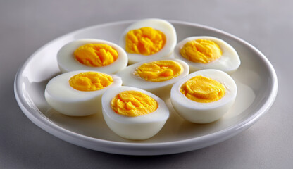 Healthy breakfast with minimal rustic style in kitchen concept. Delicious boiled eggs served on a stylish plate with texture.