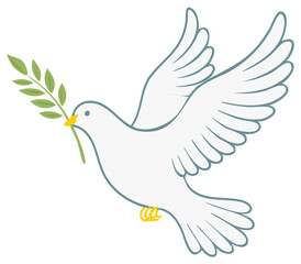 Obraz premium A flying white dove of peace holding an olive branch in its beak simple vector illustration