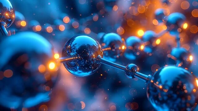 Abstract molecular structure animation with shiny spheres and glowing particle effects background