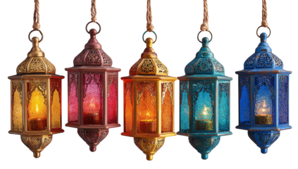 Hanging Ramadan Decorations and Ramadan in Gold Brass Letters Against a Blurred Mosque Background. RAMADAN KAREEM on light background