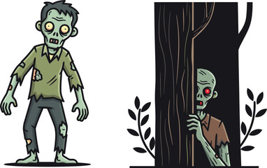 Creepy cartoon zombies hiding behind tree, horror illustration showing scary undead monster in dark forest scene for Halloween and apocalypse theme