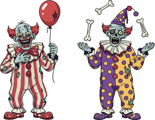 Creepy zombie clowns wearing colorful costumes with red balloon and juggling bones, scary Halloween horror illustration for spooky circus design