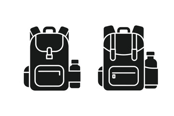 Two backpacks with water bottles isolated on white background, ideal for hiking, camping, and outdoor adventure gear