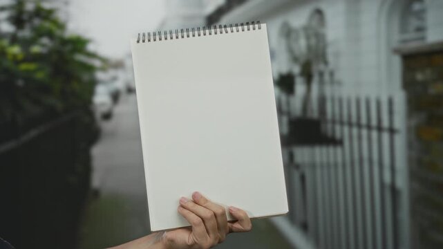 Man holding blank notebook with a spiral binding on a city street, featuring an urban background with greenery and blurred architecture.