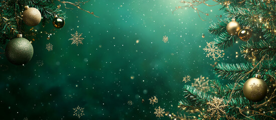 Green Christmas background with snowflakes and gold
