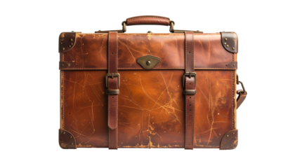 A worn, vintage leather travel case with straps, handle, corner reinforcements, and aged appearance