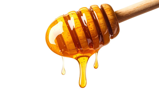 A wooden honey dipper dripping golden, viscous liquid against a black background
