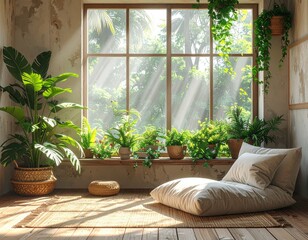 Serene Sunlit Indoor Oasis with Lush Plants, Natural Light, and Cozy Relaxation Space