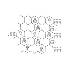 Obraz premium Digital security network with locked hexagons and binary code