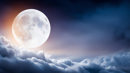 Obraz premium A stunning full moon illuminates the night sky, surrounded by beautiful, wispy clouds creating a magical atmosphere.