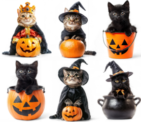 A collage of six Halloween-themed cat images with various costumes and accessories.