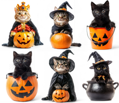 A collage of six Halloween-themed cat images with various costumes and accessories.