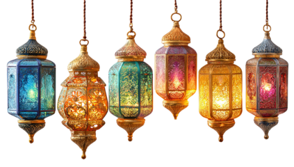 Hanging Ramadan Decorations and Ramadan in Gold Brass Letters Against a Blurred Mosque Background. RAMADAN KAREEM on light background