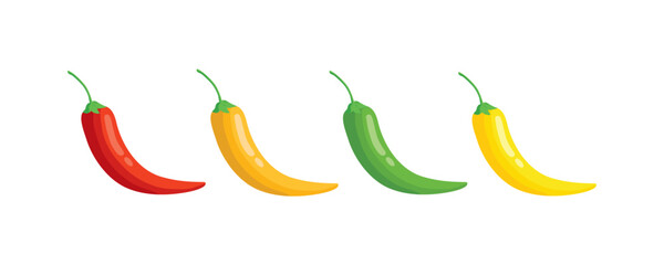Set of chilli pepper with different color. Red yellow green orange chilli pepper. Spicy sign. Set of chilli pepper isolated on white background.