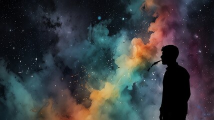 Fototapeta premium Silhouette of a person against a vibrant cosmic background with swirling colors and stars, representing dreams, imagination, and the unknown.
