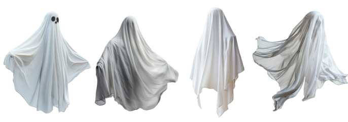 Four ghostly figures in various poses against a white background.