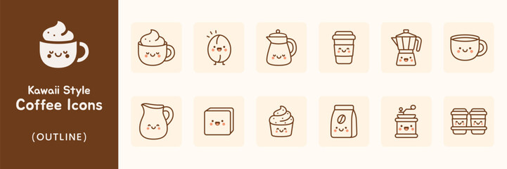 Kawaii Style Outline Coffee Icons Collection