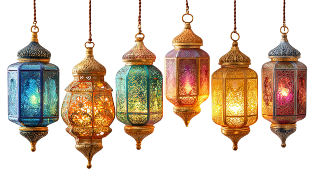 Hanging Ramadan Decorations and Ramadan in Gold Brass Letters Against a Blurred Mosque Background. RAMADAN KAREEM on light background