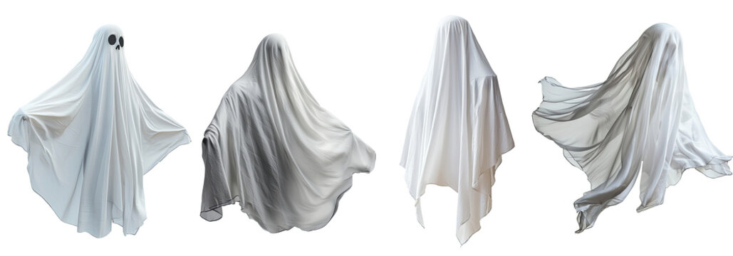 Four ghostly figures in various poses against a white background.