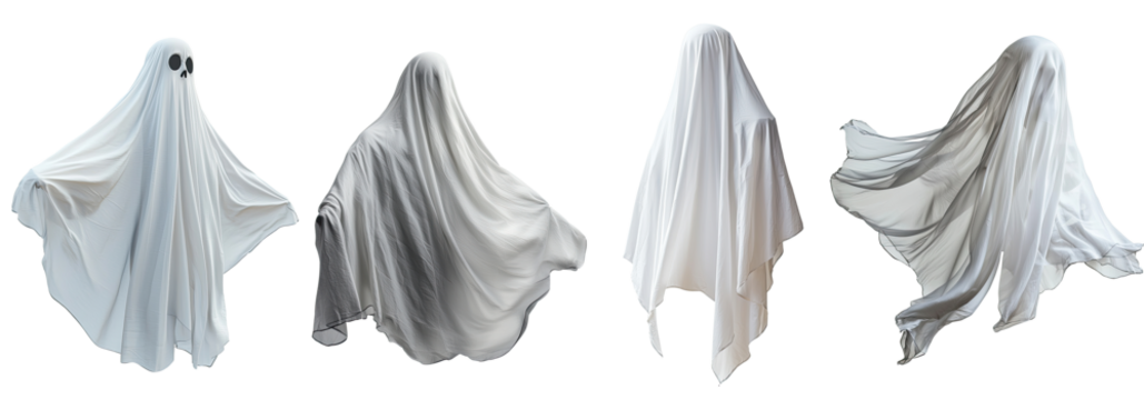 Four ghostly figures in various poses against a white background.